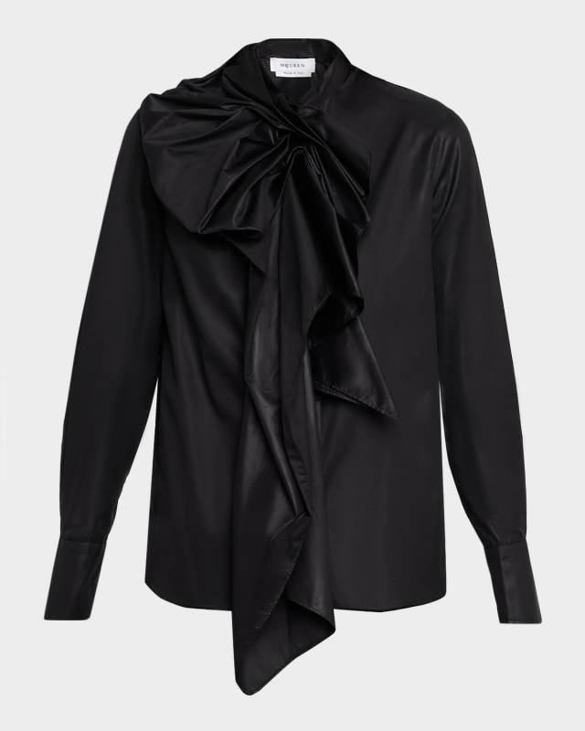 Draped Ruffle Cotton Poplin Blouse